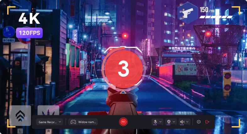 Screen recorder in game recording mode at 4K and 120 FPS with a countdown
